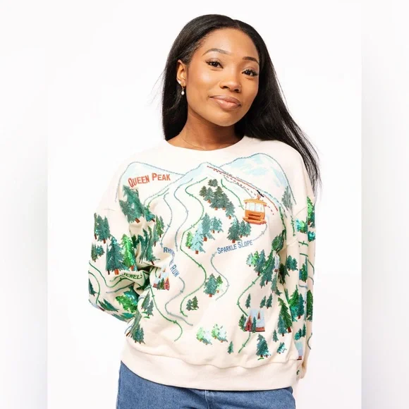 QUEEN OF SPARKLES Beige SPARKLE SLOPE Scenery Sweatshirt NWT L - Picture 3 of 5